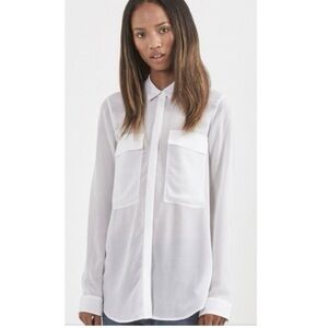 Helmut Lang White Silk Button Up Blouse with Crepe Back, Side Slit